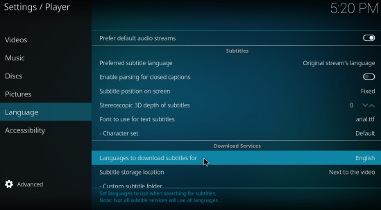 setting subtitles kodi