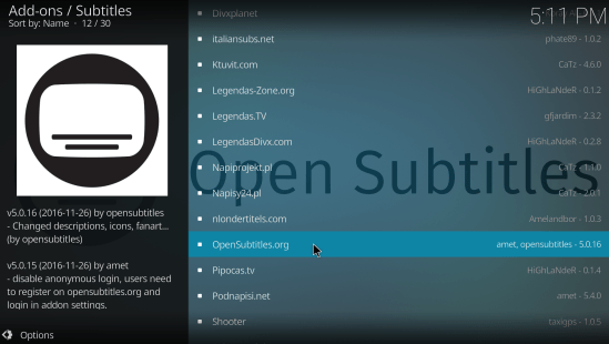 open subtitles addon